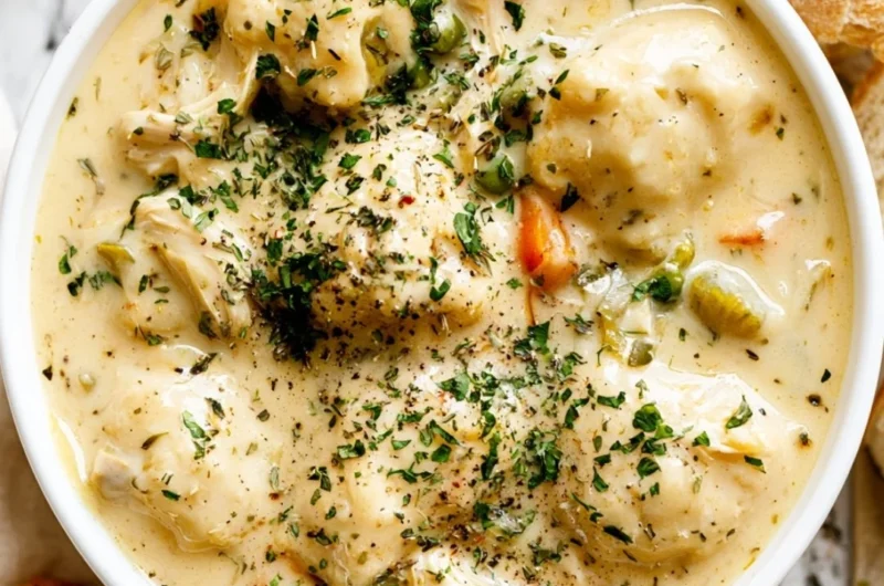 Bowl of cozy chicken dumpling soup with fluffy dumplings and vegetables