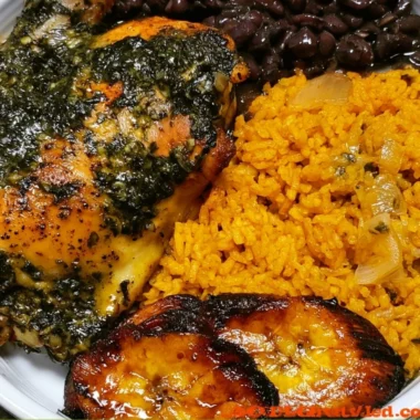 Cozy chicken yellow rice with black beans served in a colorful bowl