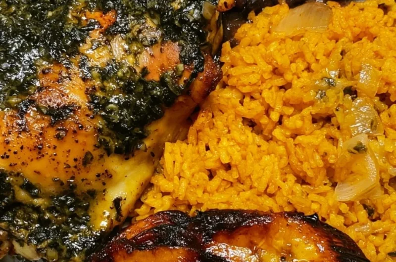 Cozy chicken yellow rice with black beans served in a colorful bowl