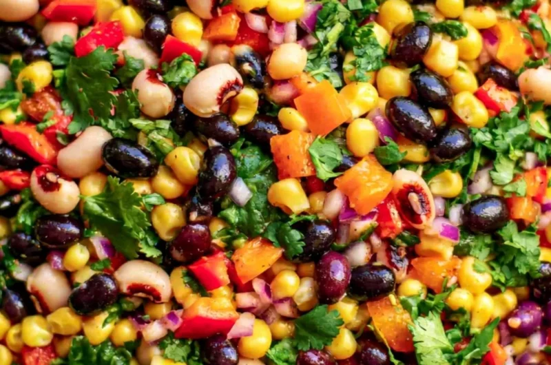 Bowl of Cozy Cowboy Caviar with fresh vegetables and black beans