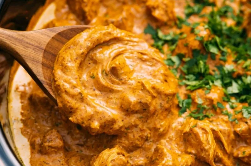 Cozy Crockpot Butter Chicken served with rice and garnished with cilantro.