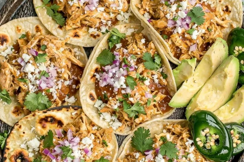 Delicious crockpot chicken tacos served on a wooden table