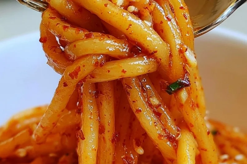Delicious garlic chili oil noodles served in a bowl, garnished with herbs.