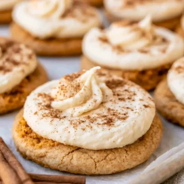 Cozy pumpkin cookies with cream cheese frosting on a autumn-themed plate.