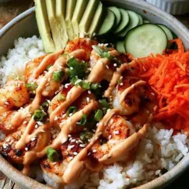 Delicious cozy shrimp rice bowls garnished with spicy mayo and fresh ingredients.