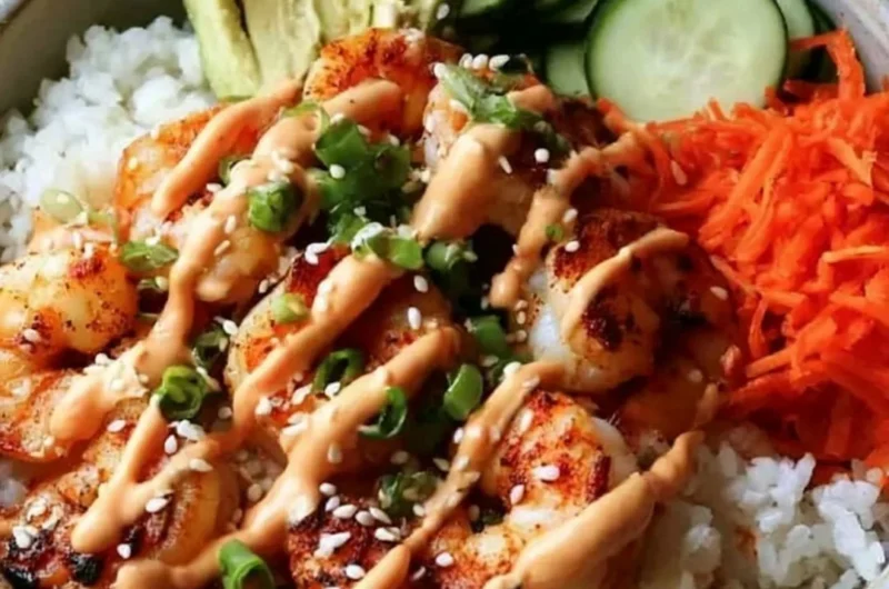 Delicious cozy shrimp rice bowls garnished with spicy mayo and fresh ingredients.