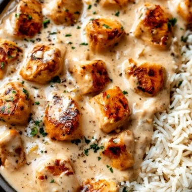 Creamy smothered chicken served over rice with a side of vegetables