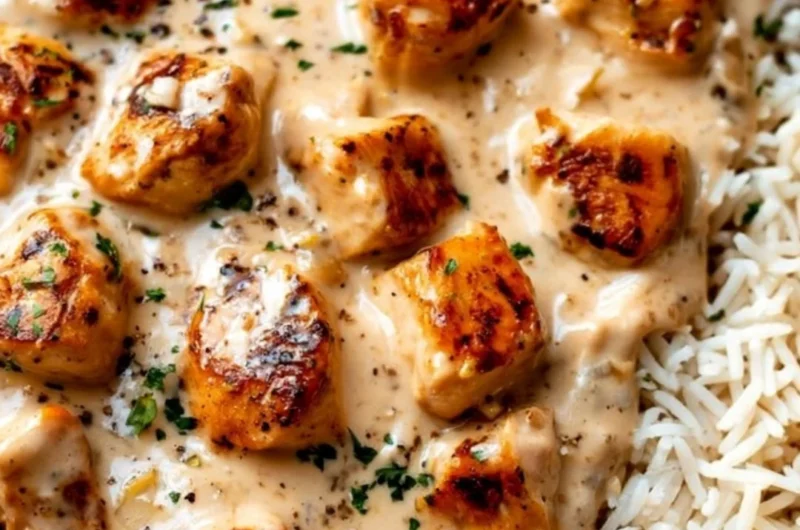 Creamy smothered chicken served over rice with a side of vegetables