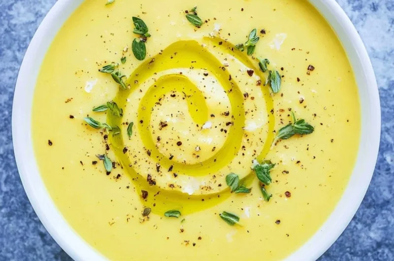 Bowl of creamy summer squash soup garnished with herbs