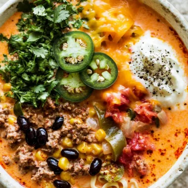 Creamy taco soup garnished with cheese and cilantro in a bowl