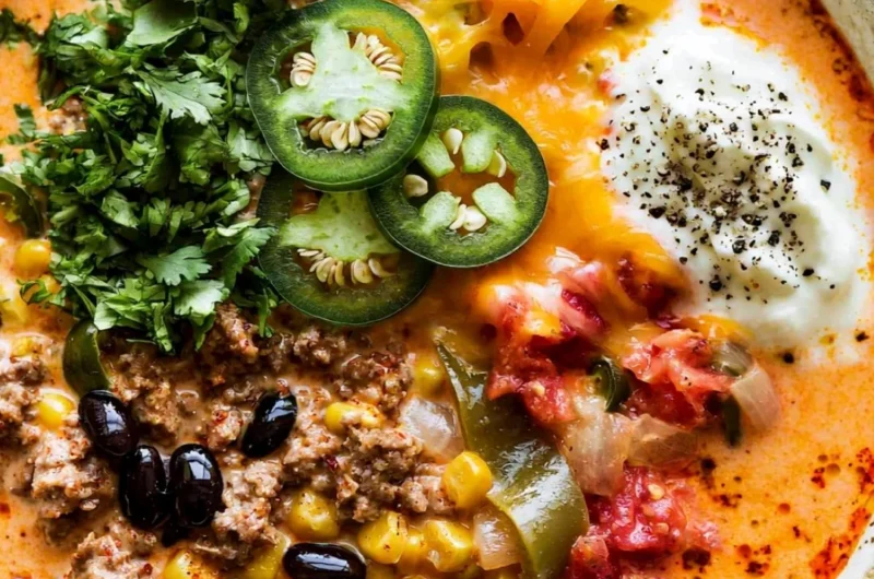 Creamy taco soup garnished with cheese and cilantro in a bowl