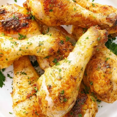 Crispy baked chicken legs drumsticks on a serving platter garnished with herbs.
