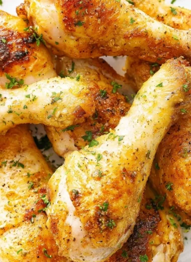 Crispy baked chicken legs drumsticks on a serving platter garnished with herbs.