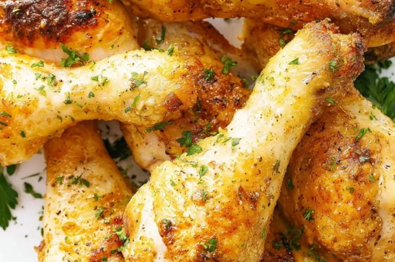 Crispy baked chicken legs drumsticks on a serving platter garnished with herbs.