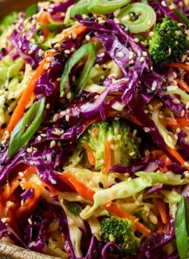 Bowl of crunchy Asian cabbage salad with colorful vegetables and sesame dressing.