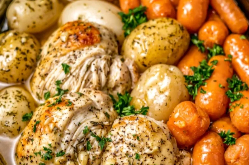 Delicious Crockpot Garlic Herb Chicken with mixed veggies in a cozy kitchen setting.