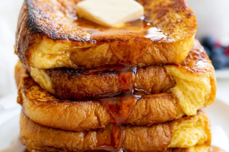 Delicious plate of easy French toast with syrup and fresh berries for breakfast