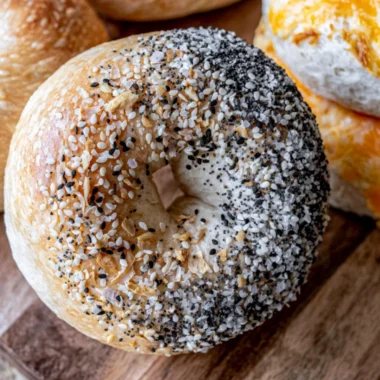 Homemade easy sourdough bagels with a golden crust and fluffy interior