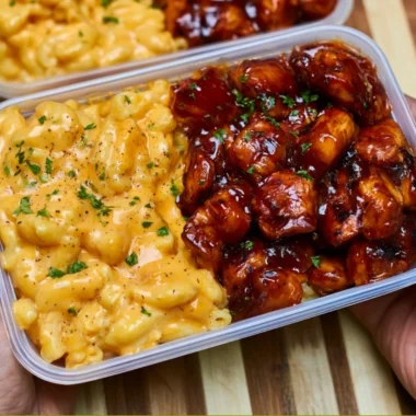 High Protein Honey BBQ Chicken Mac & Cheese Meal Prep dish