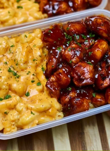 High Protein Honey BBQ Chicken Mac & Cheese Meal Prep dish