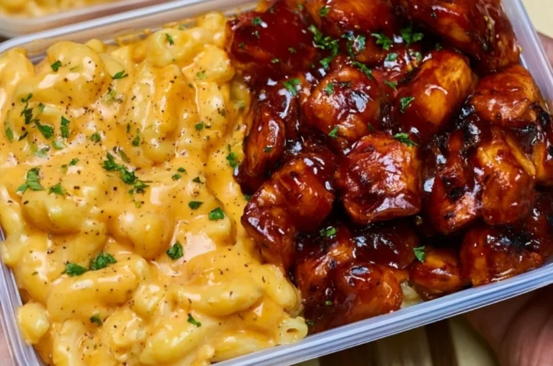 High Protein Honey BBQ Chicken Mac & Cheese Meal Prep dish