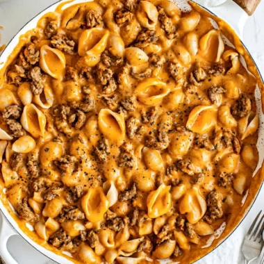 Delicious plate of homemade Hamburger Helper with pasta and ground beef