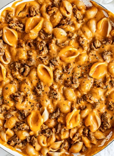 Delicious plate of homemade Hamburger Helper with pasta and ground beef