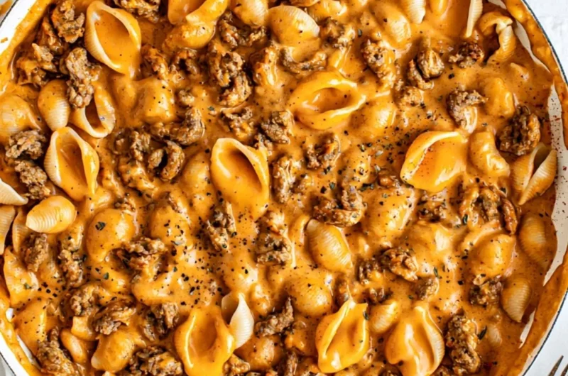 Delicious plate of homemade Hamburger Helper with pasta and ground beef