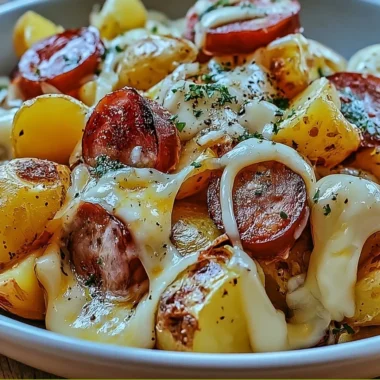 Cheesy ranch potatoes with smoked sausage, served in a rustic dish.