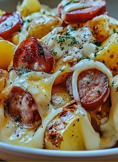 Cheesy ranch potatoes with smoked sausage, served in a rustic dish.
