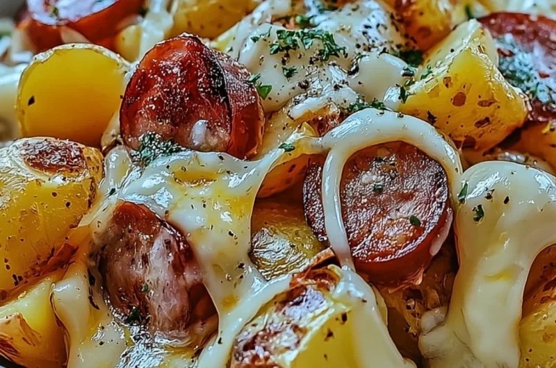 Cheesy ranch potatoes with smoked sausage, served in a rustic dish.