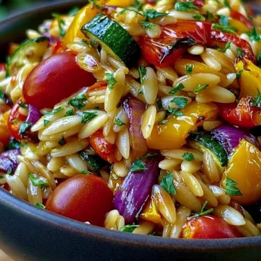 Delicious roasted vegetable orzo dish with colorful vegetables and herbs