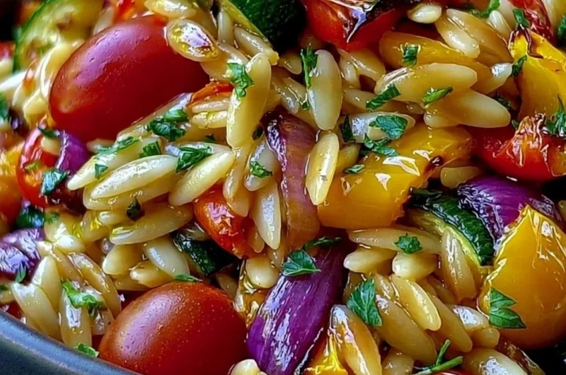 Delicious roasted vegetable orzo dish with colorful vegetables and herbs