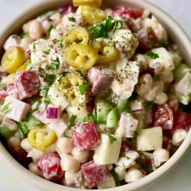 High-protein Italian Grinder Bean Salad with colorful vegetables and dressing