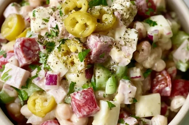 High-protein Italian Grinder Bean Salad with colorful vegetables and dressing