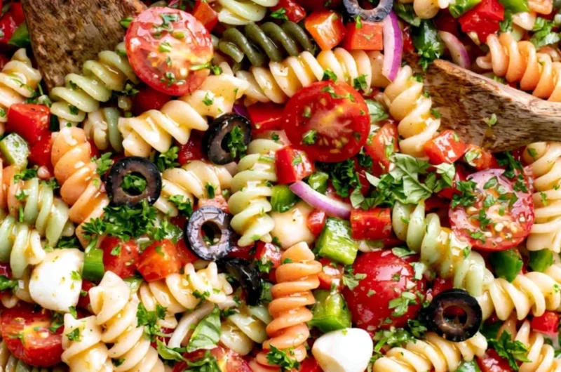 A vibrant bowl of Italian Pasta Salad with fresh vegetables and dressing