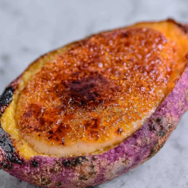 Delicious bowl of Japanese sweet potato crème brûlée with a caramelized top