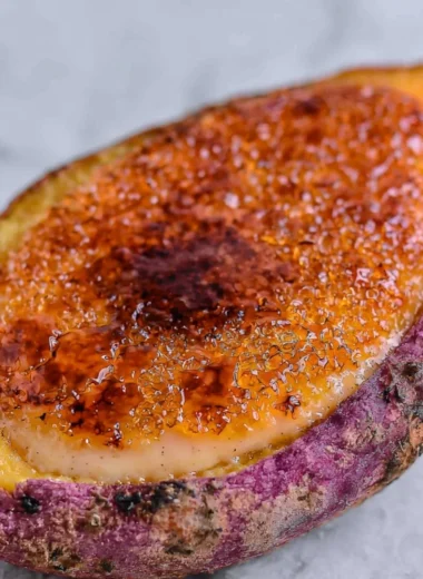 Delicious bowl of Japanese sweet potato crème brûlée with a caramelized top