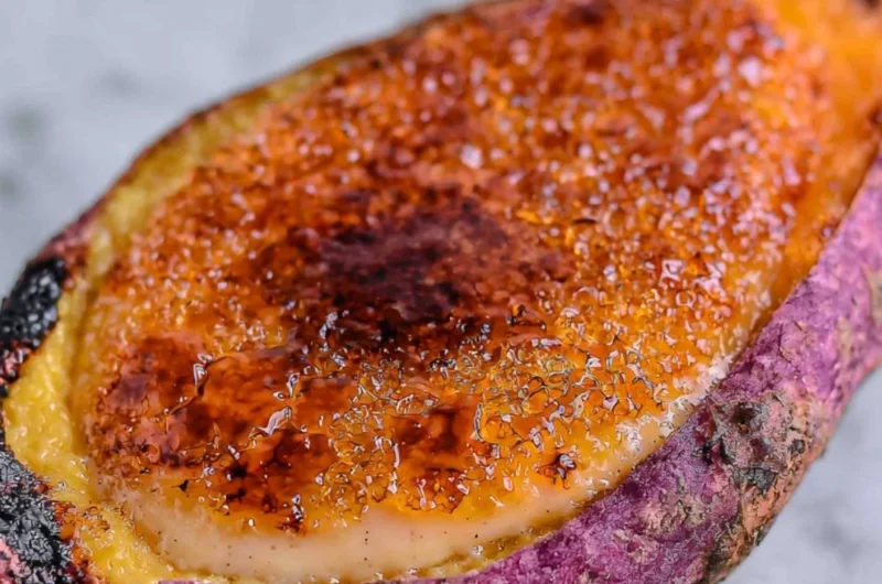 Delicious bowl of Japanese sweet potato crème brûlée with a caramelized top