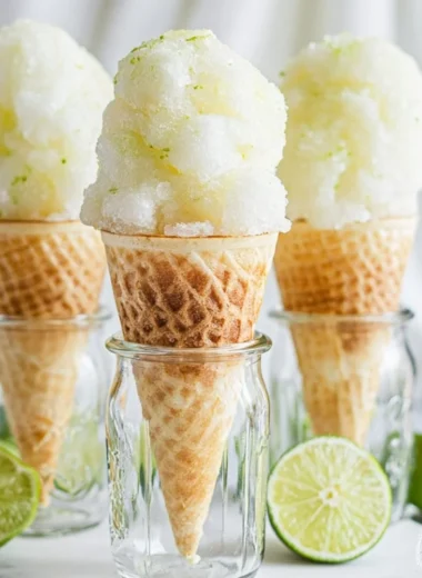 Delicious homemade lime sorbet in a bowl with fresh lime slices