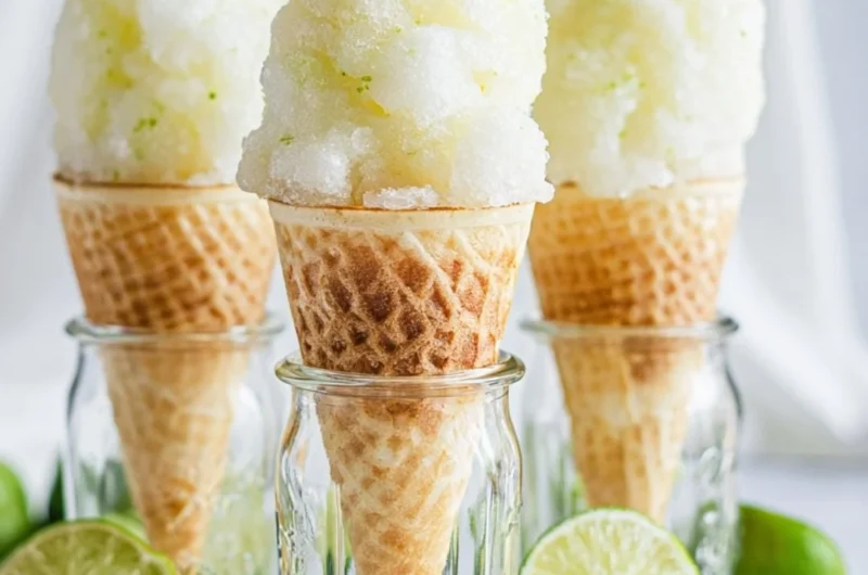 Delicious homemade lime sorbet in a bowl with fresh lime slices