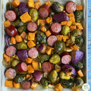 Maple Dijon Sausage and Veggies Sheet Pan Meal ready to serve
