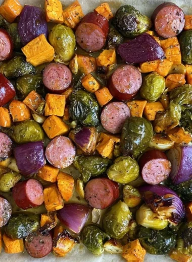 Maple Dijon Sausage and Veggies Sheet Pan Meal ready to serve