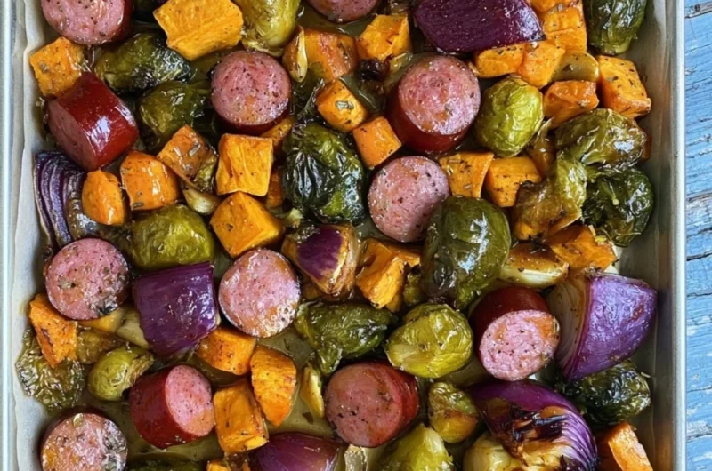 Maple Dijon Sausage and Veggies Sheet Pan Meal ready to serve