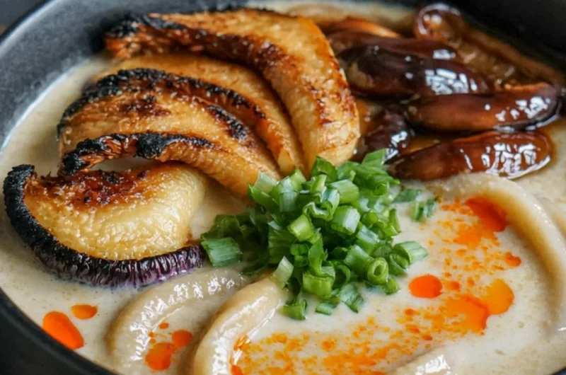 Bowl of Miso Udon Soup with Teriyaki Mushrooms and garnishes