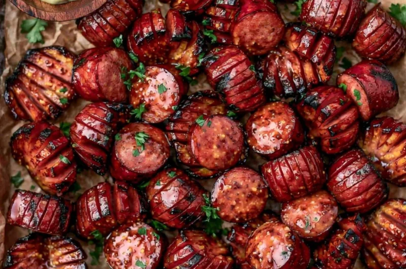 Mustard Hasselback Kielbasa Bites served on a platter