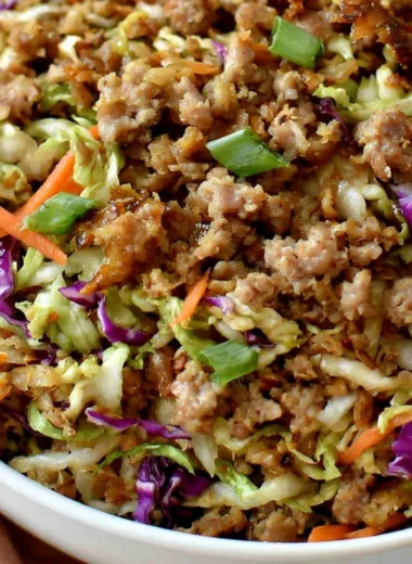 Delicious old fashioned egg roll in a bowl recipe served in a bowl with fresh ingredients.