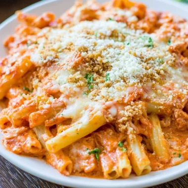 Delicious Olive Garden Five Cheese Ziti Al Forno plated with melted cheese on top