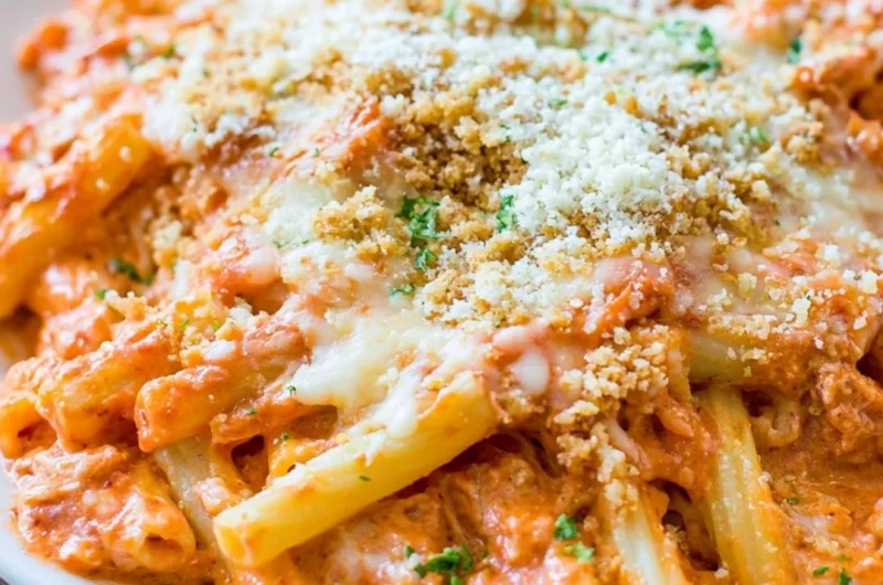 Delicious Olive Garden Five Cheese Ziti Al Forno plated with melted cheese on top