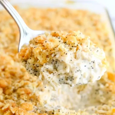 Poppy Seed Chicken Casserole topped with a crispy breadcrumb crust